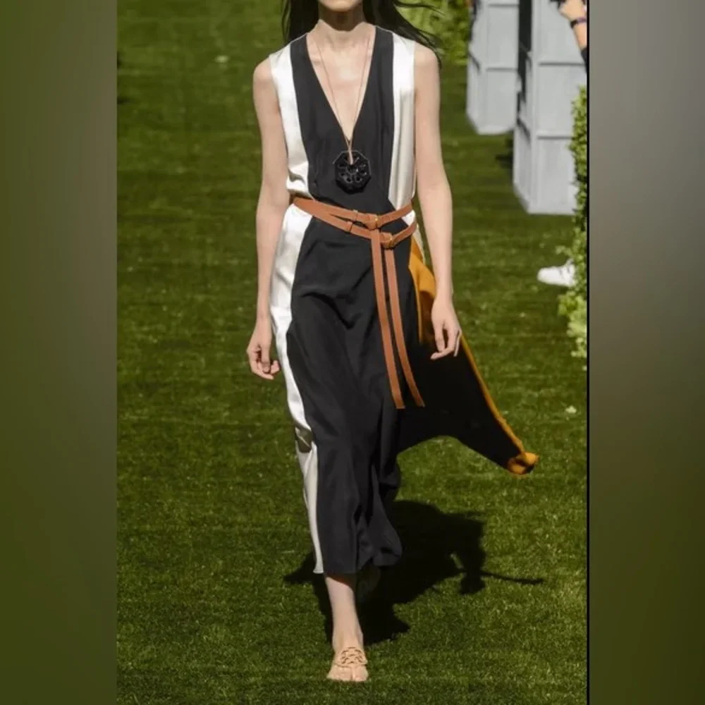 NWT $798 Tory Burch Black Clarice Colorblock Wrap Silk Dress